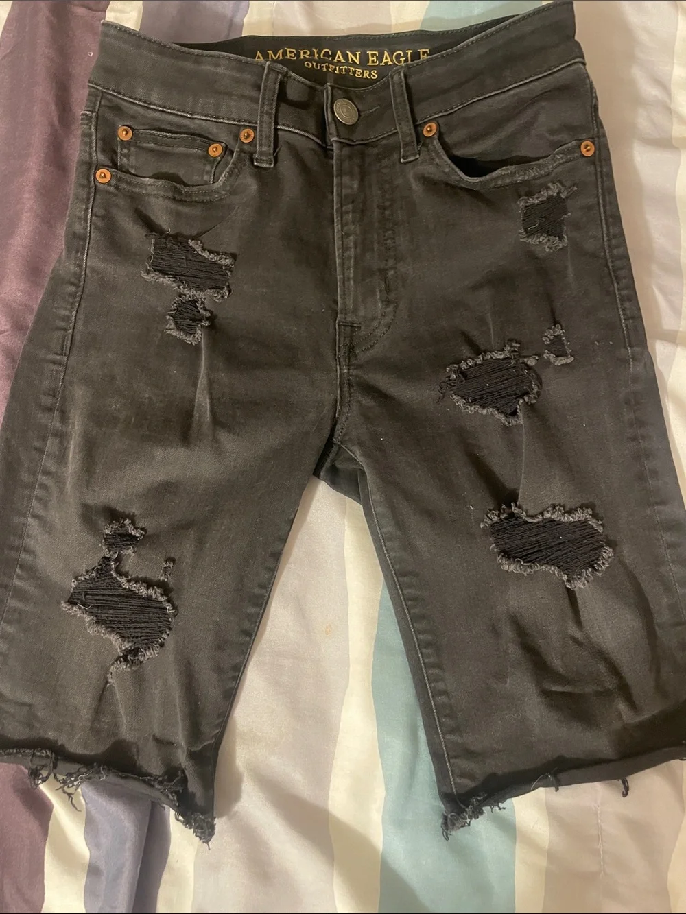 American Eagle Black Frayed Hem Denim Shorts